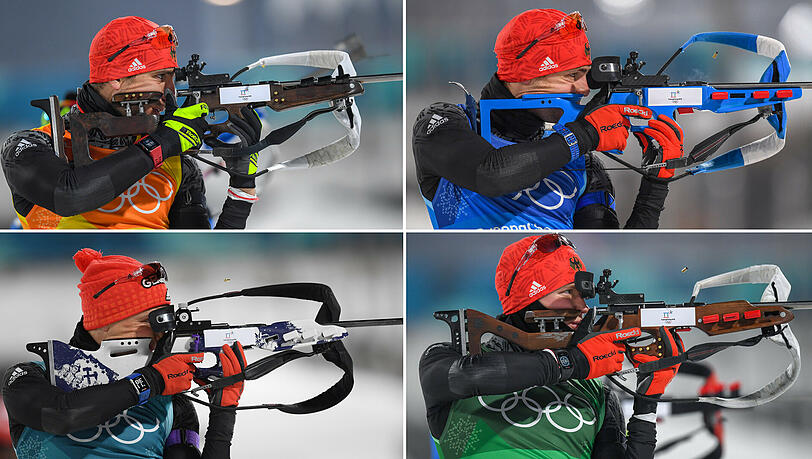 Die deutschen Biathleten: Arnd Peiffer (gelbes Trikot), Simon Schempp (blau), Erik Lesser (weiß) und Benedeikt Doll (grün). Die deutschen Biathleten: Arnd Peiffer (gelbes Trikot), Simon Schempp (blau), Erik Lesser (weiß) und Benedeikt Doll (grün).