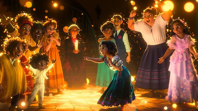 Die Familie Madrigal in "Encanto" mit Tochter Mirabel im Vordergrund.