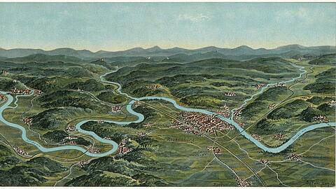 "Regensburg und Umgebung aus der Vogelschau" von Eugen Felle (1913). Der Allgäuer Maler Eugen Felle schuf detailgetreue und realistische Darstellungen bayerischer Städte und Landschaften aus der "Vogelschau", die um die Jahrhundertwende als Bildpostkarten großen Absatz fanden. Im Vergleich mit einem Blick von oben heute zeigt sich, wie sich Bayern seit Ende des Zweiten Weltkriegs vom Agrar- zum Industrie- und Dienstleistungsstandort gewandelt und dabei sein Landschaftsbild massiv verändert hat, erklärt das Haus der Bayerischen Geschichte zu dieser Abbildung.