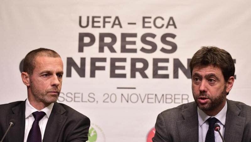 UEFA-Präsident Aleksander Ceferin (l) und Andrea Agnelli, der Vorsitzende der European Club Association (ECA), bei einer Pk. UEFA-Präsident Aleksander Ceferin (l) und Andrea Agnelli, der Vorsitzende der European Club Association (ECA), bei einer Pk.