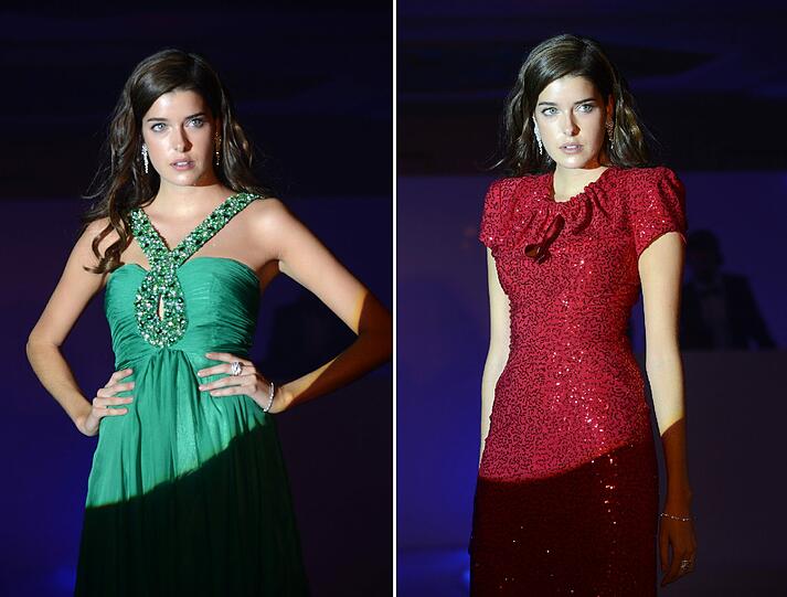 Das Model Marie Nasemann läuft am 31.10.2012 in München (Bayern) im Hotel Vier Jahreszeiten bei der "Silverwhite Chrystal night" in einem grünen Abendkleid (l) und einem rotem Abendkleid über den Laufsteg.