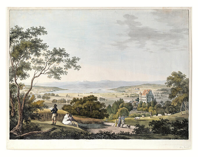 Blick über Leutstetten auf den Starnberger See um 1810: Die kolorierte Lithographie vom Wasser mit Gebirgspanorama hält Sommerfrischler, großbürgerliche Ausflügler und Künstler fest, die bei der Arbeit sind.