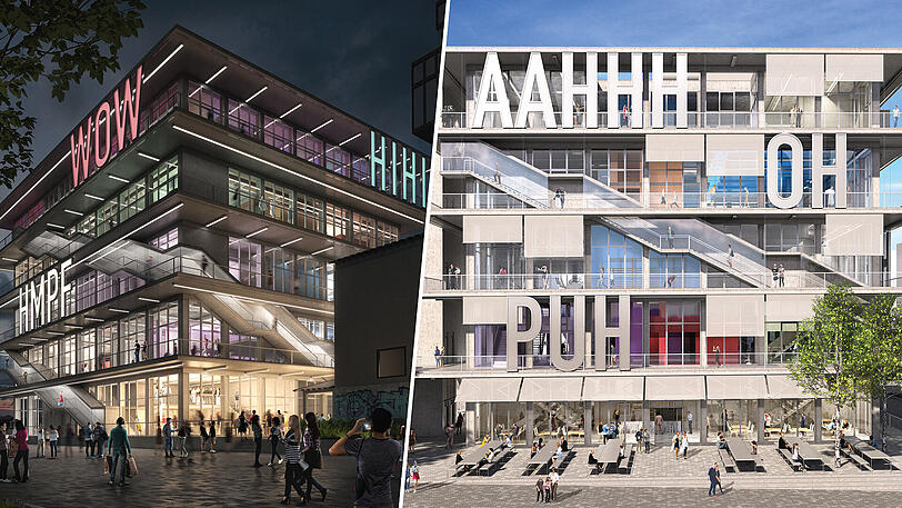 Spektakulär, trendig und emotional inszeniert: Nachts leuchtet die Comic-Sprache der Fassade des Werk 12 farbig.