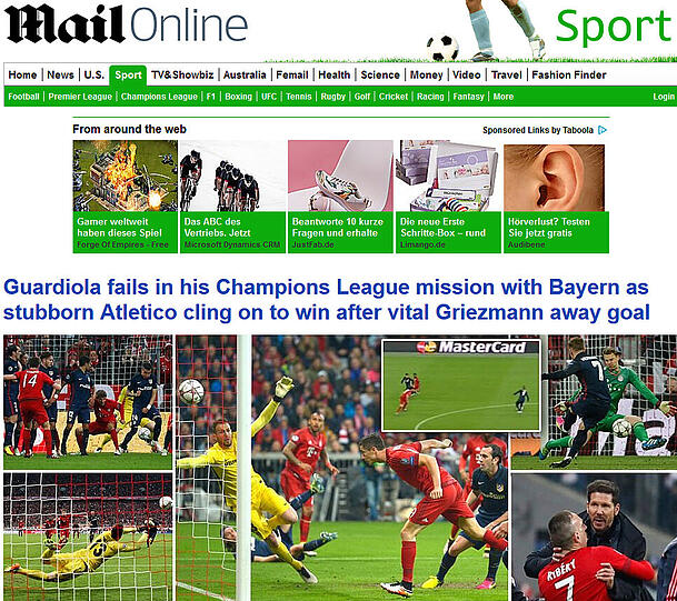dailymail.co.uk: "Guardiola versagt auf seiner Champions-League-Mission mit den Bayern, nachdem Atletico dank Griezmanns Auswärtstor stur am Siegen festhält".