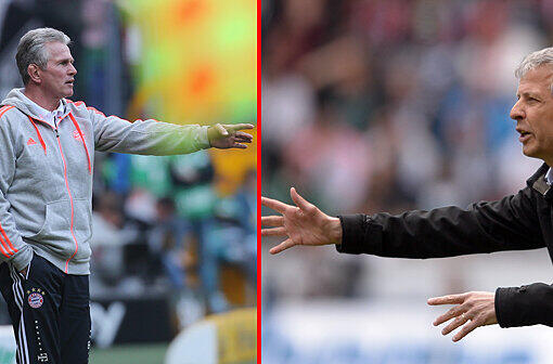 Bayern-Trainer Jupp Heynckes und Gladbach-Trainer Lucien Favre während des Spiels