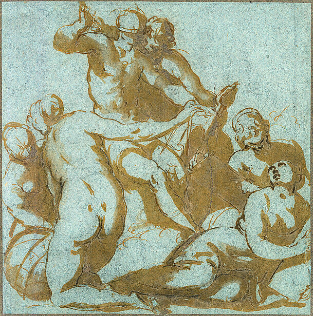 Giambattista Maganza il Giovane (1577 Vicenza – 1617), Allegorie auf die freien Künste, Venedig um 1600 Federzeichnung in brauner Tusche über Kohle oder schwarzer Kreide, in Braun laviert, auf blauem Papier. (H.W. Fichter, Stand 5) Giambattista Maganza il Giovane (1577 Vicenza – 1617), Allegorie auf die freien Künste, Venedig um 1600 Federzeichnung in brauner Tusche über Kohle oder schwarzer Kreide, in Braun laviert, auf blauem Papier. (H.W. Fichter, Stand 5)