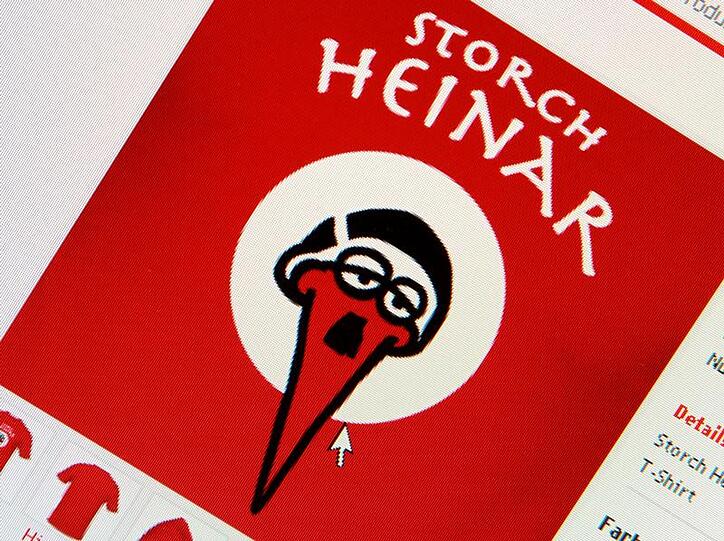 Das Foto zeigt das Symbol von «Storch Heinar» auf der Internetseite der Initiative «Endstation rechts», die dort Artikel mit dem Symbol zum Verkauf anbietet.