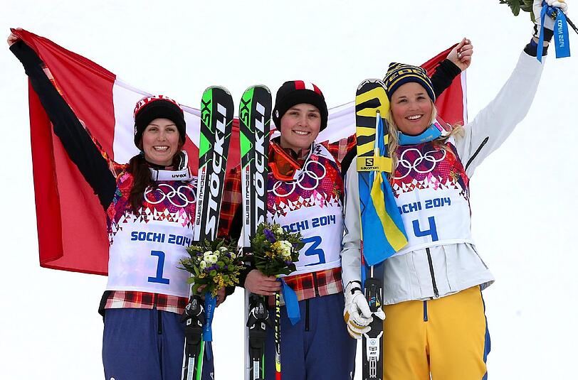 Von links: Kelsey Serwa (Silber, Kanada),  Marielle Thompson (Gold, Kanada), Anna Holmlund (Bronze, Schweden)