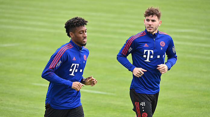 Kingsley Coman (li.) und Lucas Hernández sind gegen Dortmund fraglich.