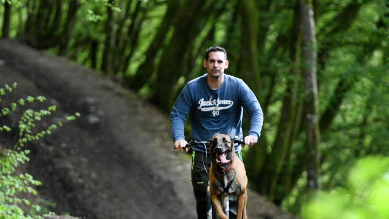 Mario Reitz lässt sich auf einem "Dogscooter" von seiner belgischen Schäferhündin Kira ziehen. Mario Reitz lässt sich auf einem "Dogscooter" von seiner belgischen Schäferhündin Kira ziehen.