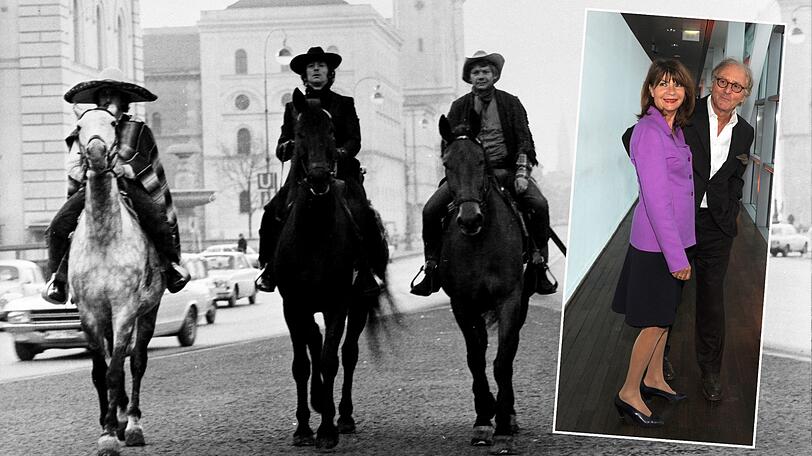 Der lange Ritt nach Sacramento (v. l.): Achmed (Towje W. Kleiner), Tscharlie (Günther Maria Halmer) und Gustl (Frithjof Vierock) reiten in den "Münchner Gschichten" Richtung Schwabing. Rechts: Halmer mit seiner Ehefrau Claudia.