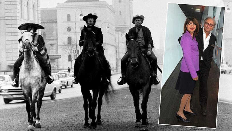 Der lange Ritt nach Sacramento (v. l.): Achmed (Towje W. Kleiner), Tscharlie (Günther Maria Halmer) und Gustl (Frithjof Vierock) reiten in den "Münchner Gschichten" Richtung Schwabing. Rechts: Halmer mit seiner Ehefrau Claudia. Der lange Ritt nach Sacramento (v. l.): Achmed (Towje W. Kleiner), Tscharlie (Günther Maria Halmer) und Gustl (Frithjof Vierock) reiten in den "Münchner Gschichten" Richtung Schwabing. Rechts: Halmer mit seiner Ehefrau Claudia.