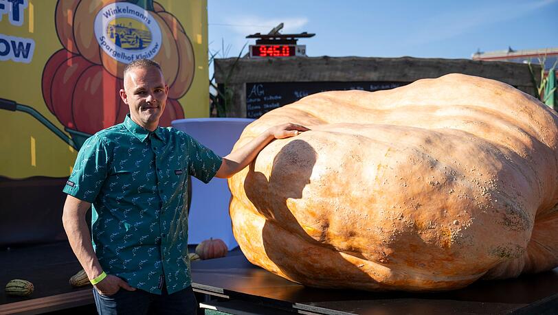 Der schwerste K&uuml;rbis bei der K&uuml;rbiswiegemeisterschaft in Klaistow von Oliver Grafe ist rund 942 Kilogramm schwer.
