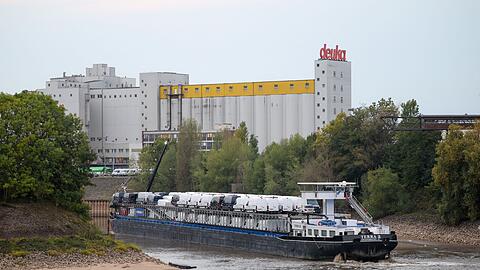 Viel Schiff, wenig Wasser: Dieses Frachtschiff hatte sich auf einer Sandbank im D&uuml;sseldorfer Hafen festgefahren.
