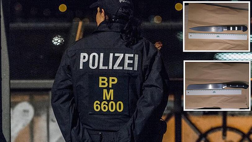 Bundespolizisten nehmen eine Frau im Münchner Hauptbahnhof fest, die mit zwei Messern bewaffnet ist.