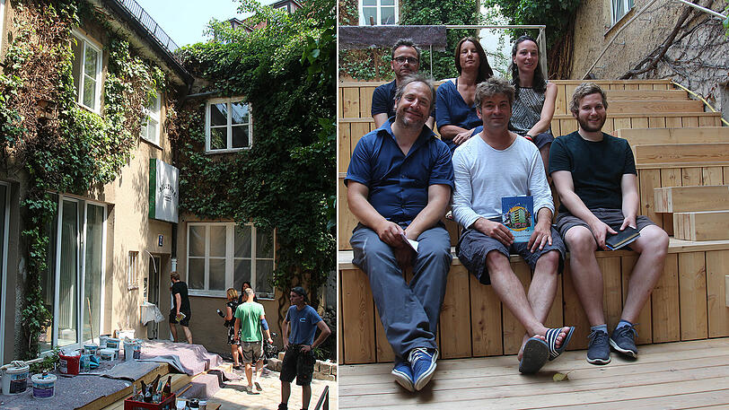 Auf dicken Brettern im Amphitheater (v.l./vorn): Matthias Weinzierl, Till Hofmann und Moritz Schleissing, dahinter: Grisi Ganzer, Katrin Graenitz und Katharina Walpoth.