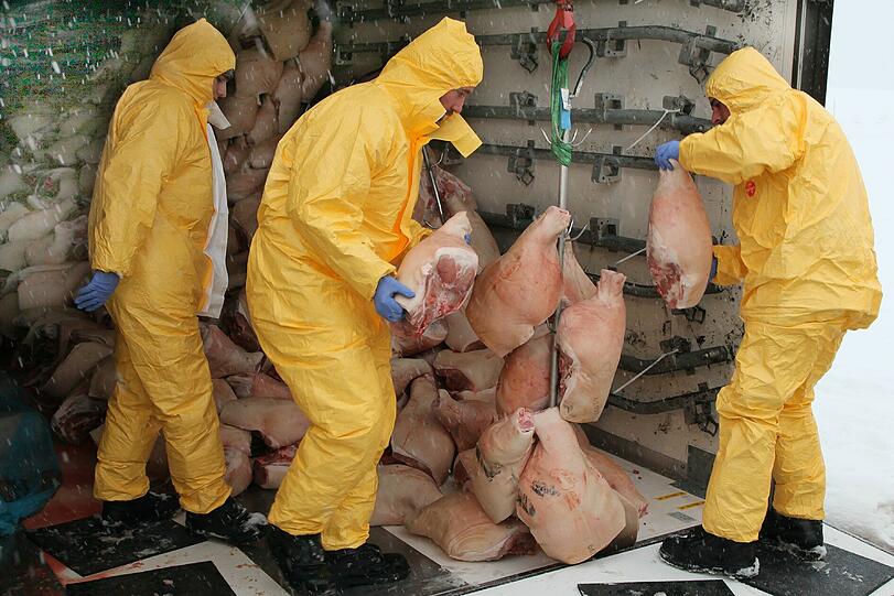 Nach dem Unfall mussten 21 Tonnen Schweinshaxn umgeladen werden.
