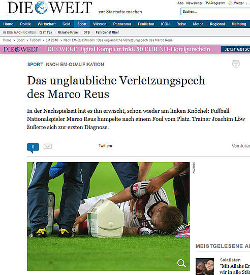 "Das unglaubliche Verletzungspech des Marco Reus", welt.de