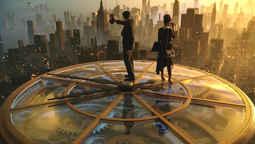 Adam Driver als Ceasar Catilina und Nathalie Emmanuel als Julia auf dem Dach des Empire State Building mit dem Überblick über "Megalopolis".