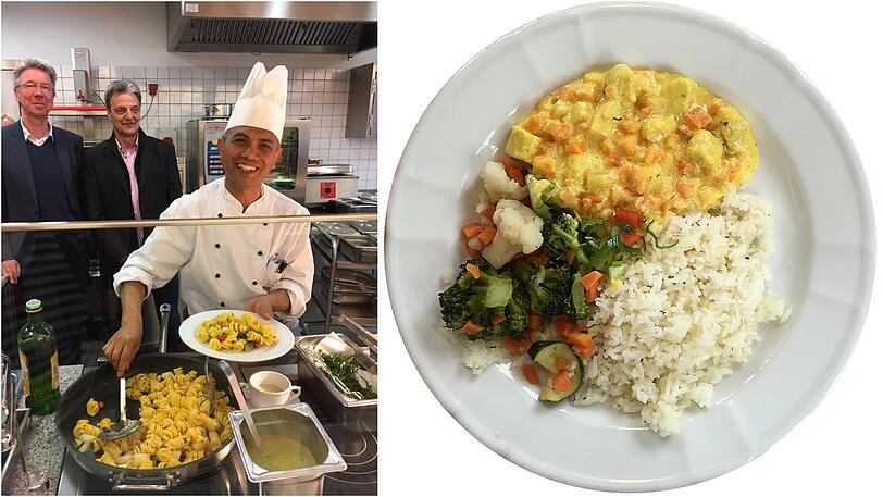 Ilham Wayudi teilt im Haus St. Josef am Luise-Kiesselbach Essen aus: Es gibt Nudeln mit Gemüse. Hinter ihm stehen Münchenstift-Geschäftsführer Siegfried Benker (l.) und Gerhard Marktl, der für den Einkauf der Lebensmittel in den neun städtischen Häusern verantwortlich ist.