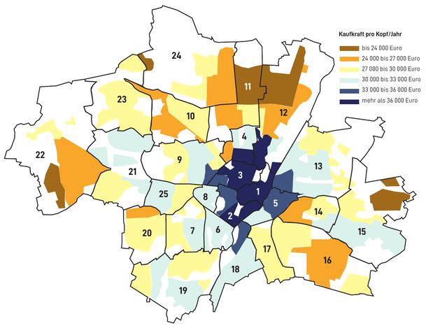 So hoch ist die jährliche Kaufkraft pro Kopf in den jeweiligen Münchner Stadtvierteln. So hoch ist die jährliche Kaufkraft pro Kopf in den jeweiligen Münchner Stadtvierteln.