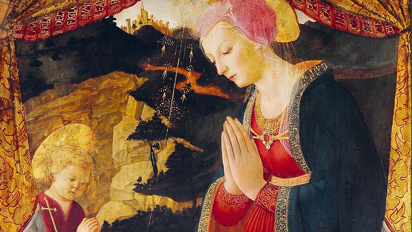 Auf den Saum kommt es an, der gibt nämlich ein Marienlob aus Dantes "Göttlicher Komödie" wieder - deshalb wird diese "Maria mit Kind und Johannesknabe" auch "Madonna Dantesca" genannt. Gemalt hat sie der Meister der Geburt Christi von Castello. Auf den Saum kommt es an, der gibt nämlich ein Marienlob aus Dantes "Göttlicher Komödie" wieder - deshalb wird diese "Maria mit Kind und Johannesknabe" auch "Madonna Dantesca" genannt. Gemalt hat sie der Meister der Geburt Christi von Castello.