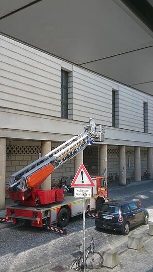 Rettung in zehn Meter Höhe: Ein Feuerwehrmann holt eine Bienenkönigin aus der Dachrinne.