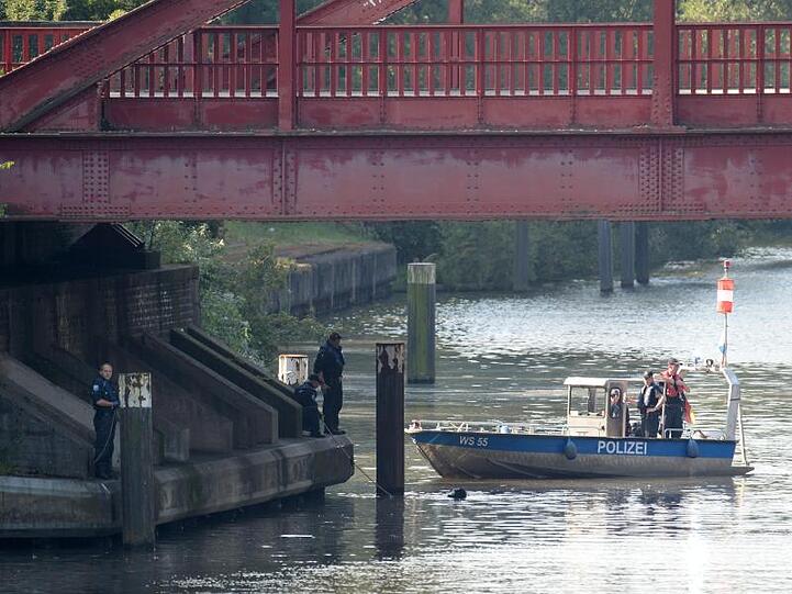 Taucher der Polizei suchen im Tiefstackkanal nach Leichenteilen einer getöteten Prostituierten in Hamburg.