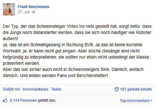 Auf seiner Facebook-Fanpage hinterfragt Kommentator Buschmann das Video und mögliche Folgen deutlich kritischer.