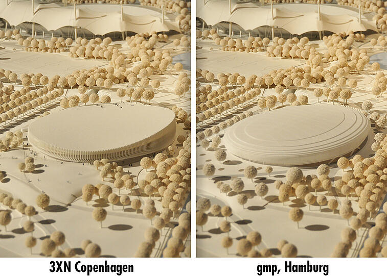 Wer gewinnt? Links der Entwurf von "3XN Copenhagen", rechts von "gmp Hamburg" für die neue Arena im Olympiapark.