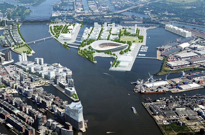 Die Visualisierung zeigt das geplante Olympiastadion auf dem Kleinen Grasbrook für die Olympischen Spiele 2024 in Hamburg.