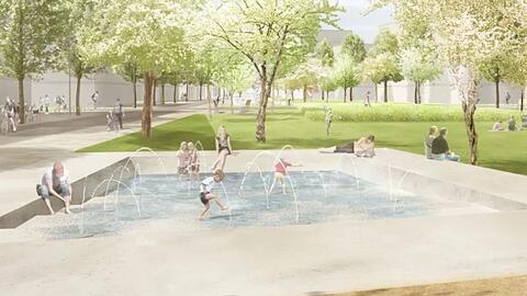 Auf der Grünfläche soll auch ein bespielbarer Brunnen entstehen.