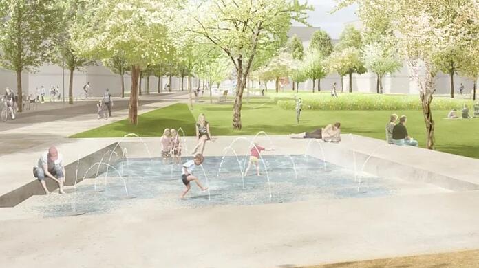 Auf der Grünfläche soll auch ein bespielbarer Brunnen entstehen.
