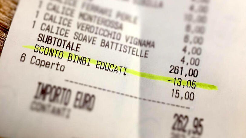 Der Rabatt von 13,05 Euro für wohlerzogene Kinder ist extra ausgewiesen auf dieser Rechnung des italienischen Restaurants.