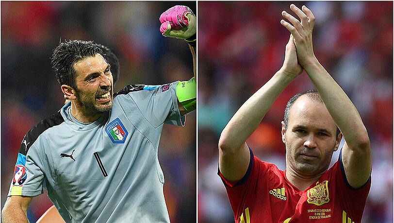 Schon jetzt Legenden in ihren jeweiligen Nationalmannschaften: Italiens Torhüter Gianluigi Buffon (l.) und Andrés Iniesta aus Spanien. Schon jetzt Legenden in ihren jeweiligen Nationalmannschaften: Italiens Torhüter Gianluigi Buffon (l.) und Andrés Iniesta aus Spanien.