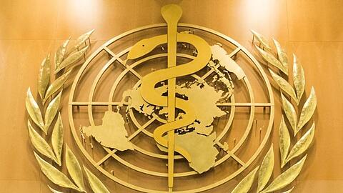 Das Logo der Weltgesundheitsorganisation (WHO) im europäischen Hauptquartier der Vereinten Nationen in Genf.