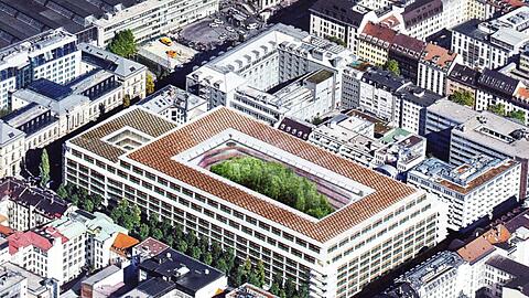 Der Stadtwald wuchert bis zum Dach: So stellt sich das Architekturbüro Herzog & de Meuron die Vogelperspektive des neuen Gebäudekomplexes vor.