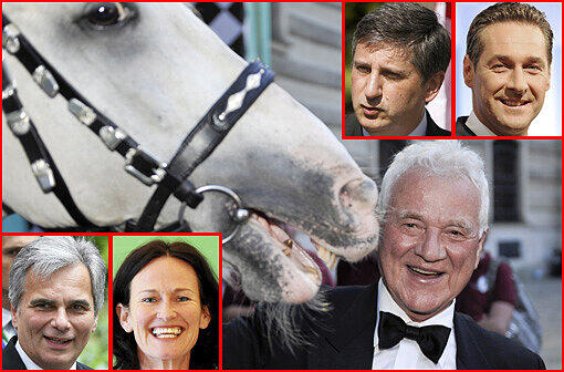 Die Spitzenkandidaten beim Österreicher Operettenwahlkampf: Werner Feymann von der SPÖ (erster von links unten) - Eva Glawischnig von den Grünen (zweite von links unten) - Frank Stronach vom Team Stronach (rechts unten) - Michael Spindelegger von der ÖVP (zweiter von rechts oben) - Heinz-Christian Strache von der FPÖ (erster von rechts oben)