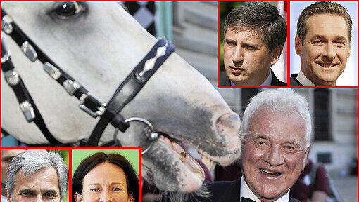 Die Spitzenkandidaten beim Österreicher Operettenwahlkampf: Werner Feymann von der SPÖ (erster von links unten) - Eva Glawischnig von den Grünen (zweite von links unten) - Frank Stronach vom Team Stronach (rechts unten) - Michael Spindelegger von der ÖVP (zweiter von rechts oben) - Heinz-Christian Strache von der FPÖ (erster von rechts oben) Die Spitzenkandidaten beim Österreicher Operettenwahlkampf: Werner Feymann von der SPÖ (erster von links unten) - Eva Glawischnig von den Grünen (zweite von links unten) - Frank Stronach vom Team Stronach (rechts unten) - Michael Spindelegger von der ÖVP (zweiter von rechts oben) - Heinz-Christian Strache von der FPÖ (erster von rechts oben)