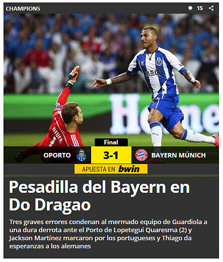 Ähnlich wie Sport1 und die Süddeutsche sah die "El Mundo Deportivo" das Spiel als einen Albtraum für den FC Bayern. "Bayern Albtraum gegen die Drachen!"