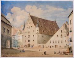 So hat der St.-Jakobs-Platz 1849 ausgesehen. Der Maler Eugen Brochier hat ihn im Aquarell festgehalten.