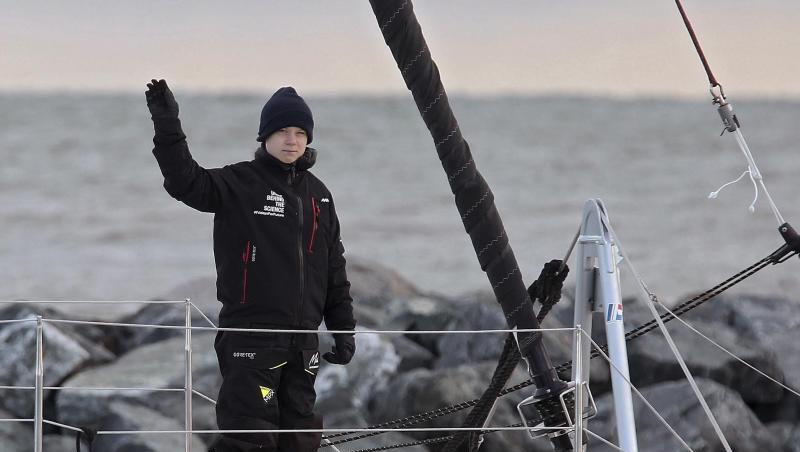 Greta Thunberg an Bord des Katamarans "La Vagabonde". Greta Thunberg an Bord des Katamarans "La Vagabonde".