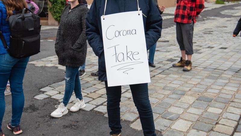 Eine Teilnehmerin trägt bei einer Demo gegen die Corona-Maßnahmen ein Schild mit der Aufschrift "Corona Fake". Eine Teilnehmerin trägt bei einer Demo gegen die Corona-Maßnahmen ein Schild mit der Aufschrift "Corona Fake".