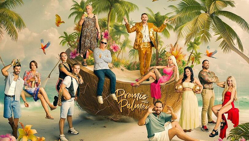 Claude-Oliver Rudolph (6.v.l.) und der restliche "Promis unter Palmen"-Cast.