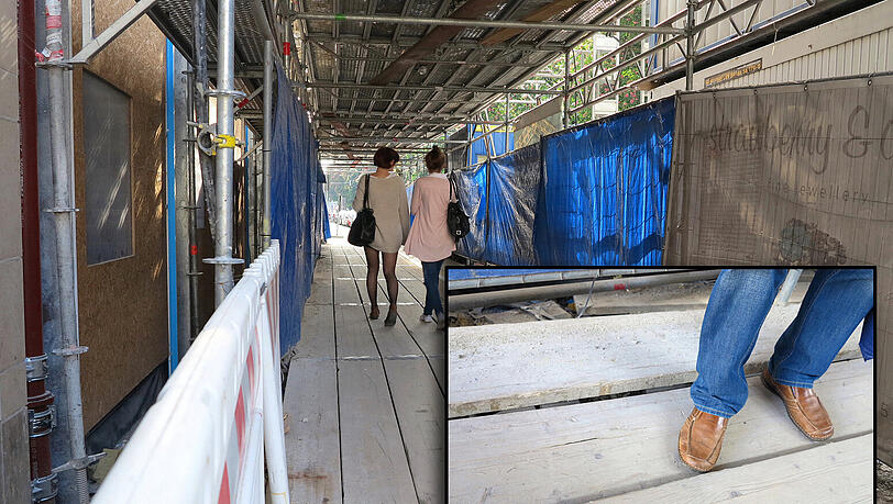 Bretter wie ein Trampolin, schon bei einem Menschen von 80 Kilo auf dem Baustellenweg. Hunderte Menschen nutzen täglich den Weg vorm Maximiliansplatz 13. Bretter wie ein Trampolin, schon bei einem Menschen von 80 Kilo auf dem Baustellenweg. Hunderte Menschen nutzen täglich den Weg vorm Maximiliansplatz 13.