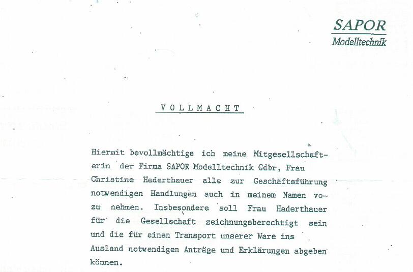 Diese Vollmacht wurde Christine Haderthauer am 7. Oktober 1993 ausgestellt. Damit durfte sie die Modellbau-Geschäfte führen.