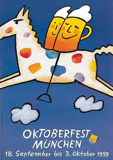 Ein Pferd mit Bierkrügen, ein handfester Plagiatsstreit: Wiesn-Plakat 1999.