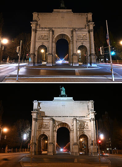 Auch das Universitätsviertel löschte das Licht: Hier das Siegestor unbeleuchtet (oben) und  nach der Earth Hour 2022 wieder beleuchtet.