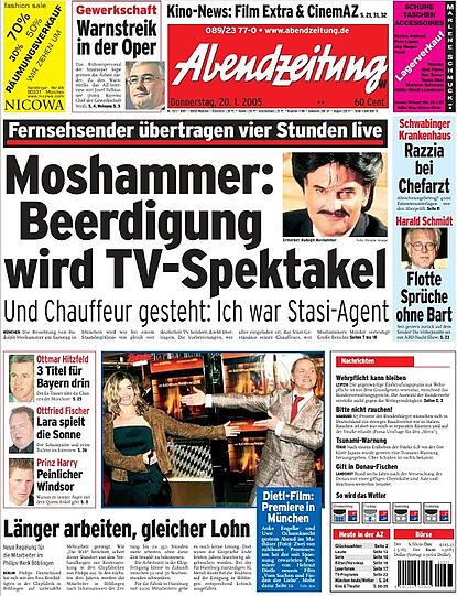 Vier TV-Sender berichteten über die Trauerfeierlichkeiten für den ermordeten Modezaren Rudolph Moshammer. "Damit erreicht die Medienberichterstattung Dimensionen wie beim Abschied von Prinzessin Diana", steht in der AZ. Sat.1 war vier Stunden lang in einer Spezialausgabe des Magazins "Blitz" dabei.