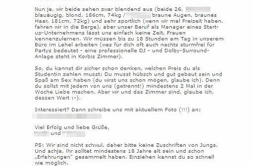 ...kommt der Hammer: Zweimal pro Woche Sex mit jedem der Bewohner, das ist ihre Bedingung. Mittlerweile ist das Angebot wieder offline.